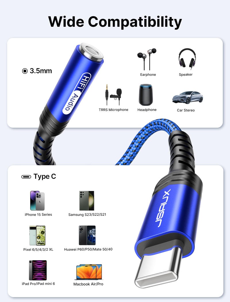 jsaux USB Type C to 3.5mm Female Headphone Jack Adapter, JSAUX USB C to Aux Audio Dongle Cable Cord Compatible with iPhone 15 Pro Max/15 Pro/15 Plus, Samsung Galaxy S23/S22/S21 Ultra, iPad Pro, Pixel (Blue) - Image 5
